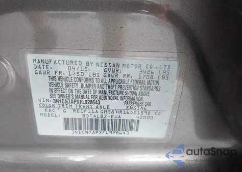2015 Nissan Versa 1.6 Sv z USA, uszkodzony, nr VIN 3N1CN7APXFL928643